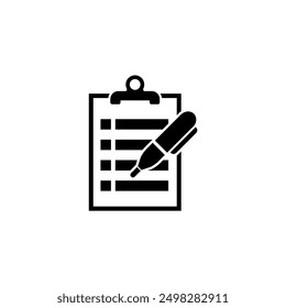 A simple black and white icon depicting a clipboard with a pen, symbolizing documentation, evaluation, and record-keeping tasks