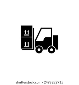 Ein einfaches schwarz-weißes Symbol, das einen Gabelstapler darstellt, ein übliches Industriefahrzeug, das zum Bewegen und Transportieren von Fracht und Materialien verwendet wird