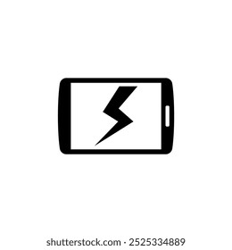 Ein einfaches schwarz-weißes Symbol, das ein Smartphone mit einem Blitzsymbol darstellt, das Strom, Energie oder ein Schnellladegerät darstellt.