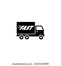 Um simples ícone preto e branco que representa um caminhão de entrega com a palavra FAST estampada ao lado, representando serviços de transporte rápidos e eficientes.