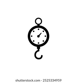A simple black and white icon depicting a hanging weight or fishing scale, symbolizing measurement, weighing, or monitoring. Vector icon for website design, logo, app, ui