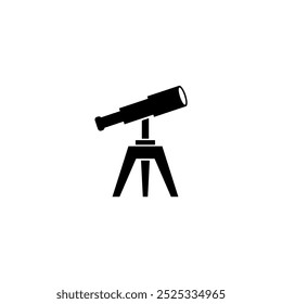 Ein einfaches schwarz-weißes Symbol, das ein auf einem Stativ montiertes Teleskop darstellt, das Astronomie, Weltraumforschung, wissenschaftliche Beobachtung und das Streben nach Wissen darstellt. Vektorsymbol für das Website-Design