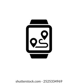 Um ícone simples em preto e branco que representa um smartwatch com marcadores de localização de mapas, simbolizando o posicionamento global, a navegação e os recursos de rastreamento em tempo real. Ícone de vetor para design de site, logotipo