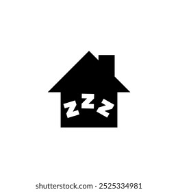 Un simple icono en blanco y negro que representa la silueta de una casa con los símbolos ZZZ, simbolizando una casa o residencia asociada con el sueño y el descanso. Icono del Vector para el diseño del Sitio web, logotipo, App, UI