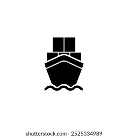 A simple black and white icon depicting a stylized ship or vessel with boxes, representing maritime transportation, logistics, and travel by sea. Vector icon for website design, logo, app, ui