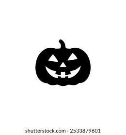 A simple, black and white icon depicting a classic jack-o'-lantern with a carved face featuring two eyes, a nose, a wide grin, and two teeth.