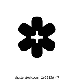 Un simple ícono en blanco y negro que representa la Estrella de la Vida con un Iniciar sesión más en el centro. Representa asistencia médica, atención médica y servicios de emergencia.