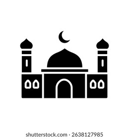 A simple black and white icon depicting a mosque, a central place of worship for Muslims.