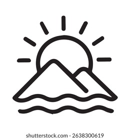 A simple black and white icon depicting a sunrise over mountains and the sea ideal for minimalist designs.