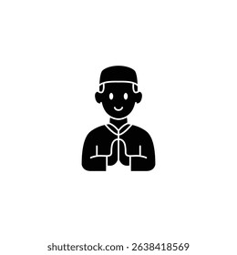 A simple black and white icon depicting a smiling Muslim boy in traditional clothing, offering a respectful greeting.
