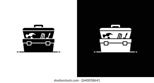 Simple black and white icon depicting a toolbox filled with a hammer, screwdriver, and wrench, set against a split black and white background.