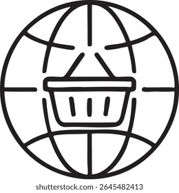 Um ícone simples, preto e branco que representa um globo mundial com uma cesta de compras sobreposta a ele, representando compras globais on-line.