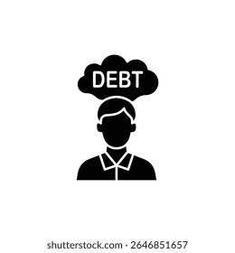 A simple black and white icon depicting a person with a thought bubble indicating debt.