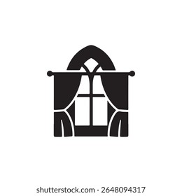 A simple black and white icon depicting a curtain or drape covering a church-style window, representing the interior space