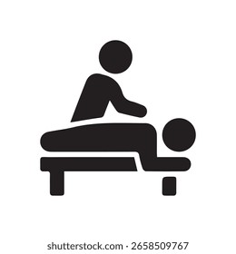 Um simples ícone preto e branco representando uma pessoa dando uma massagem a outra pessoa deitada em uma mesa de massagem.