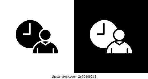 Ícone simples em preto-e-branco que representa uma pessoa ao lado de um relógio, representando o gerenciamento de tempo ou o agendamento. Disponível em variações claras e escuras.