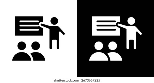 Icono simple en blanco y negro que representa a un presentador dando una presentación a una audiencia. Adecuado para contextos de negocios, educación y capacitación.