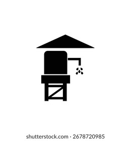Ein einfaches schwarz-weißes Symbol, das einen Wassertank darstellt, der auf einem Ständer erhöht ist, mit einem Dach über dem Kopf und einem Ausguss, der kleine Partikel tropft.