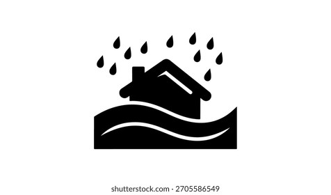 Sencillo icono en blanco y negro que representa una casa inundada por fuertes lluvias, simbolizando el desastre y los daños a la propiedad.