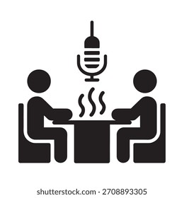 Un simple icono en blanco y negro que representa a dos personas sentadas en una mesa con un micrófono encima, sugiriendo una entrevista o grabación en podcast.