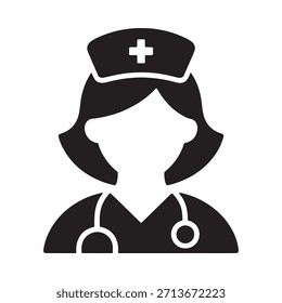 Simple black and white icon depicting a female nurse with a stethoscope
