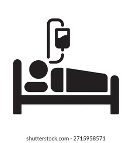 Simple black and white icon depicting a patient in a hospital bed with an iv drip