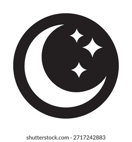 Un simple icono en blanco y negro que representa una luna creciente con estrellas brillantes