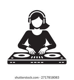 Simple black and white icon depicting a female dj with headphones and equipment