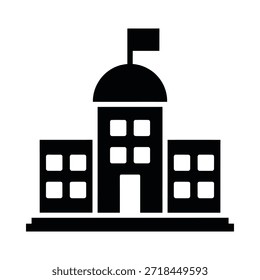 Icono blanco y negro simple que representa un edificio clásico con una bandera