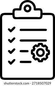 Ícone simples em preto-e-branco que representa uma área de transferência com marcas de seleção concluídas ao lado de linhas horizontais, indicando o cumprimento bem-sucedido da tarefa. Um símbolo de engrenagem proeminente significa configurações operacionais essenciais ou requisitos de gerenciamento de configuração de projeto. Ideal para ilustrar o status do projeto, as obrigações administrativas ou as necessidades detalhadas da documentação do processo.