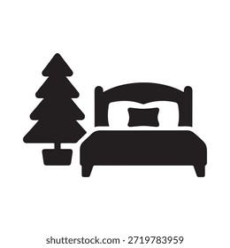 Simples ícone preto e branco representando uma cama e uma árvore sempre verde próxima