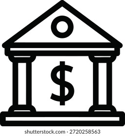 Ein einfaches schwarz-weißes Symbol, das ein Bankgebäude mit einem Dollarzeichen auf der Vorderseite darstellt
