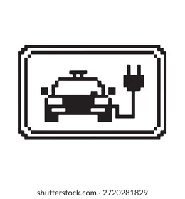 Simple black and white icon depicting an electric car charging