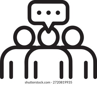 Icono blanco y negro simple que representa a tres personas con una burbuja de discurso sobre ellos que representa la conversación y el trabajo en equipo.