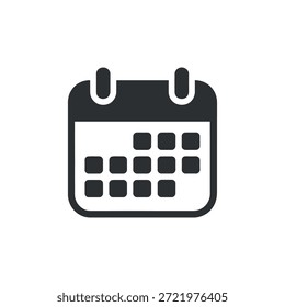 Ein einfaches Schwarz-Weiß-Symbol, das einen Wandkalender mit sichtbaren Quadraten darstellt, die Datumsangaben darstellen, die Zeitplanungs- und Zeitmanagementkonzepte vorschlagen