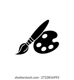 Ícone simples em preto e branco que representa o pincel de um artista apoiado em uma paleta de pintura.
