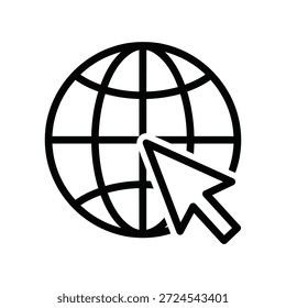 Icono blanco y negro simple que representa un cursor que hace clic en un globo terráqueo