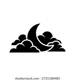 Ein einfaches schwarz-weißes Symbol, das einen halbmondförmigen Mond darstellt, der teilweise von Wolken verdeckt ist und Nacht oder Schlaf darstellt.