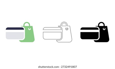simple black and white icon depicting credit card and shopping bag, symbolizing digital and card-based purchases. The icon is set against clean white background, making it easily recognizable and versatile for use in various digital and print materials.