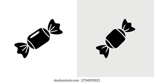 A simple black and white icon depicting a wrapped candy in two different backgrounds.