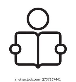 Simple black and white icon depicting a person reading an open book