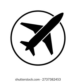Simple black and white icon depicting an airplane within a circular frame