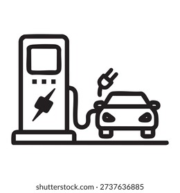 a simple black and white icon depicting an electric vehicle charging station with a car plugged into it