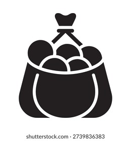 Simple black and white icon depicting a bag filled with round objects