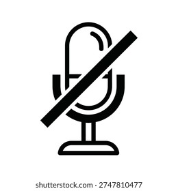 a simple black and white icon depicting a microphone with a diagonal slash through it, indicating prohibition or disallowance of speaking or recording