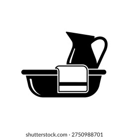 A simple black and white icon depicting a wash basin, a pitcher, and a towel, representing hygiene and cleanliness.