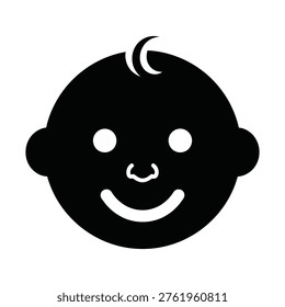 A simple, black and white icon depicting a baby's head with a smiling face and a small curl of hair, isolated on a white background. This minimalist design represents infancy and childhood.