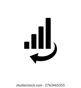 A simple black and white icon depicting a bar graph with an increasing trend and a curved arrow