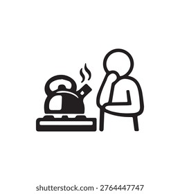 A simple black and white icon depicting a person watching a steaming kettle on a stove, symbolizing waiting, preparation, or a hot beverage.