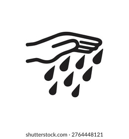 Simple black and white icon depicting a hand with falling drops perfect for themes of watering planting nurturing or giving.